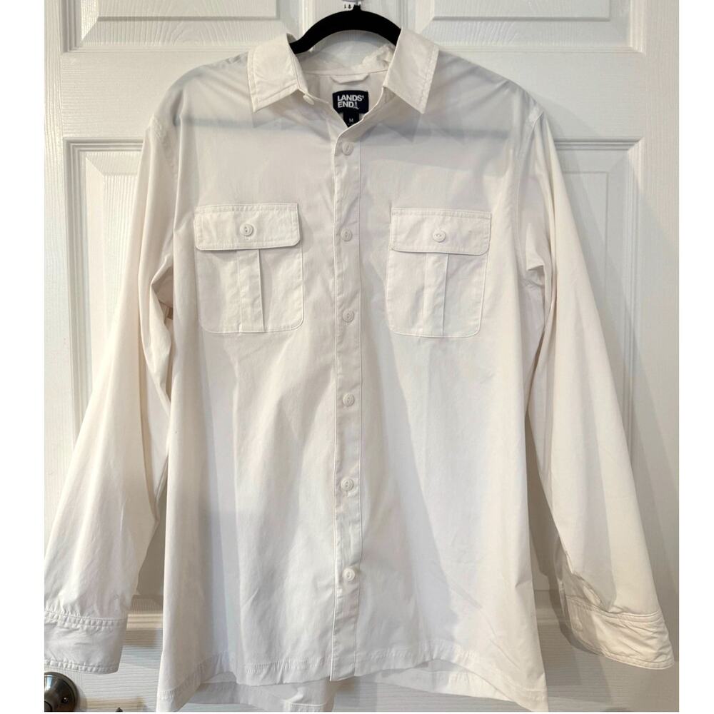 Lands’ End White Utility Button Down Shirt Men’s M Nylon Stretch Workwear
